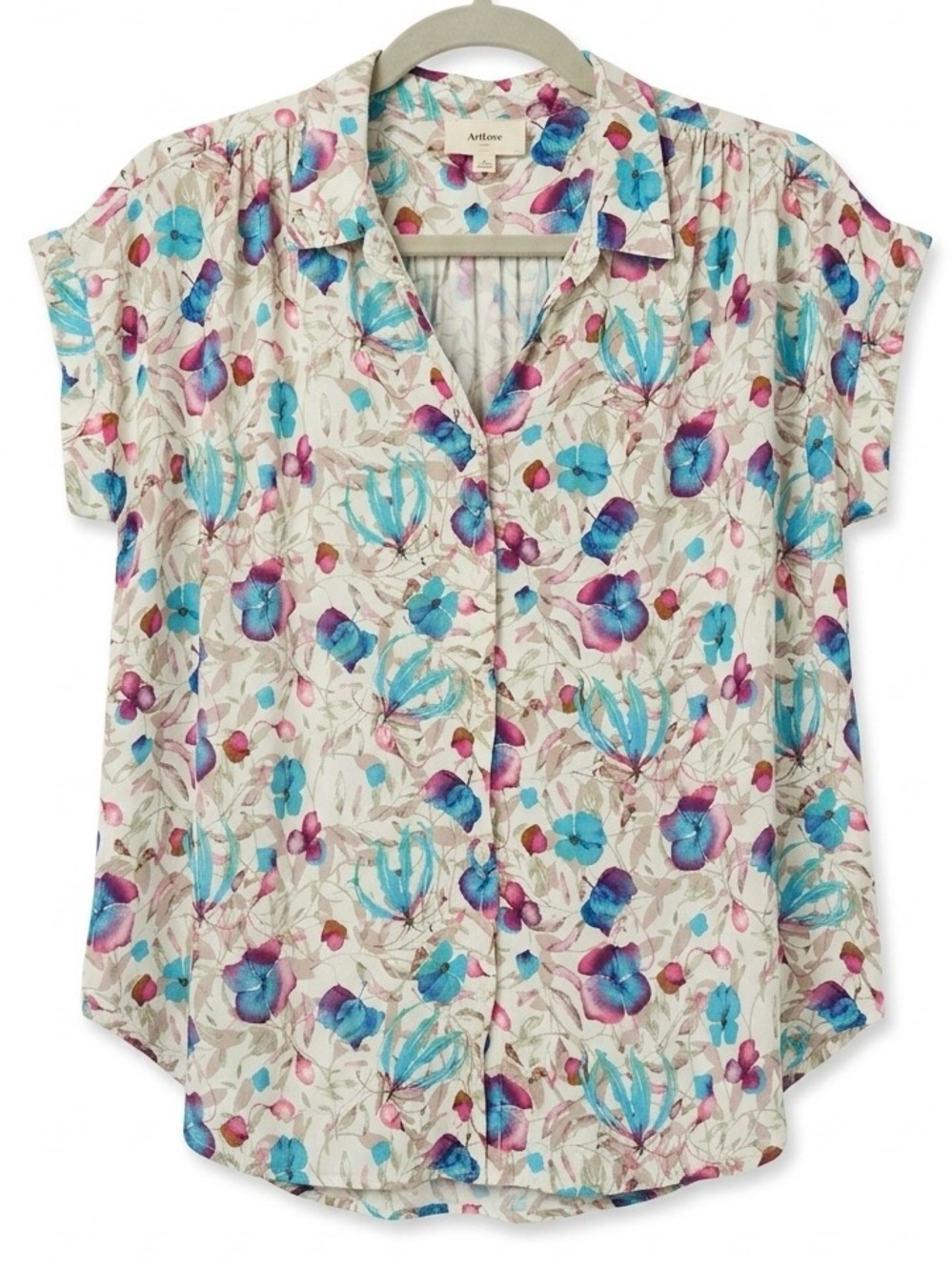 Artlove Paris Floral Short Sleeve Button Front Blouse Size 40 US M/L